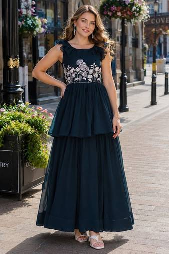 navy georgette readymade gown with embroidery & beads work