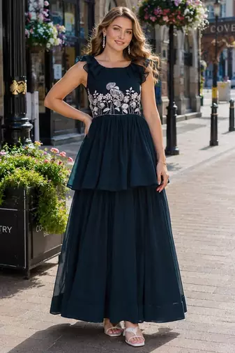 navy georgette readymade gown with embroidery & beads work