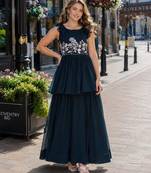 navy georgette readymade gown with embroidery & beads work