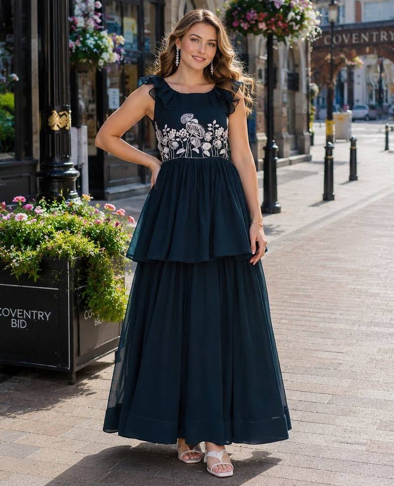 navy georgette readymade gown with embroidery & beads work