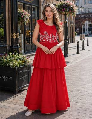 red georgette readymade gown with embroidery & beads work 1