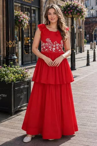 red georgette readymade gown with embroidery & beads work