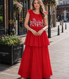 red georgette readymade gown with embroidery & beads work
