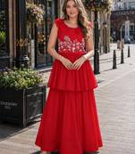 red georgette readymade gown with embroidery & beads work