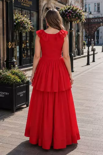 red georgette readymade gown with embroidery & beads work