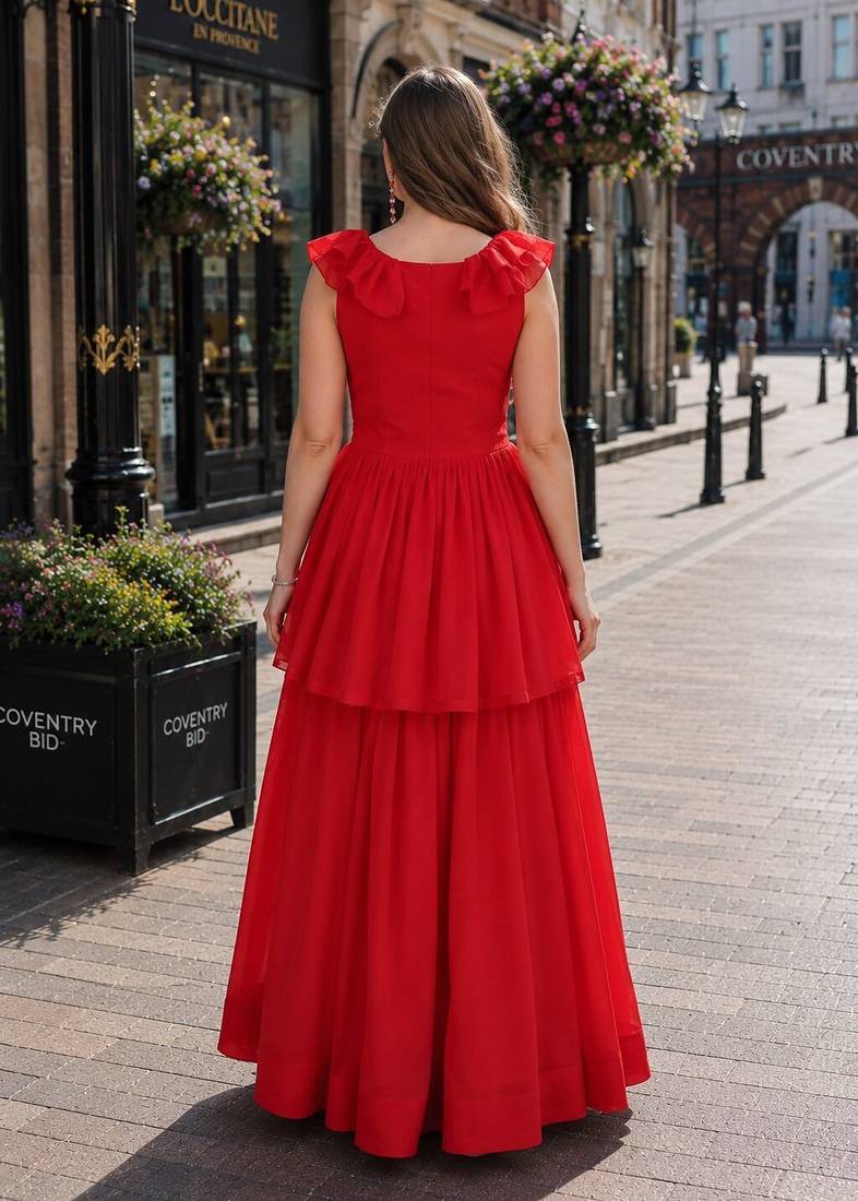 red georgette readymade gown with embroidery & beads work