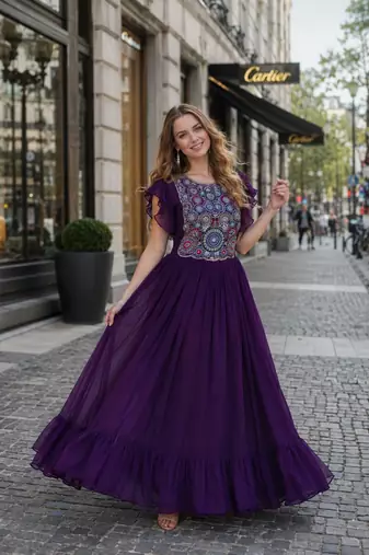 purple georgette readymade gown with embroidery & beads work