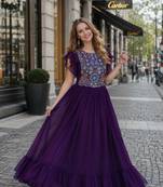 purple georgette readymade gown with embroidery & beads work