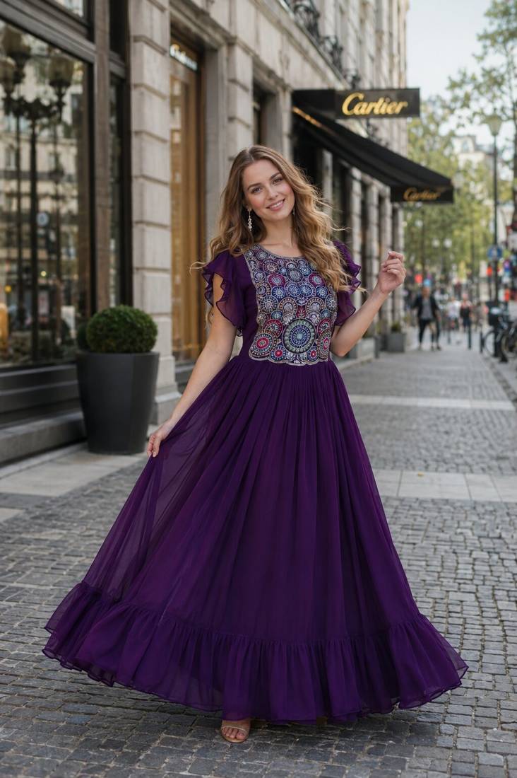 purple georgette readymade gown with embroidery & beads work