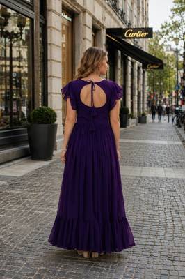 purple georgette readymade gown with embroidery & beads work 2