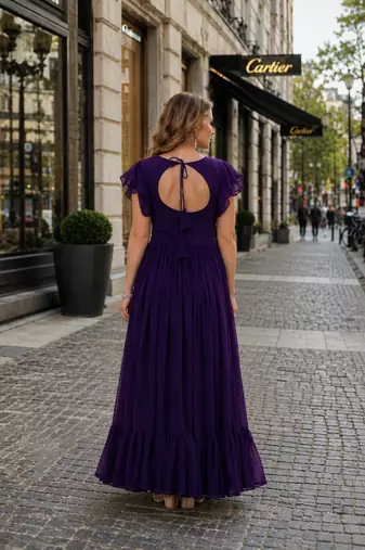purple georgette readymade gown with embroidery & beads work