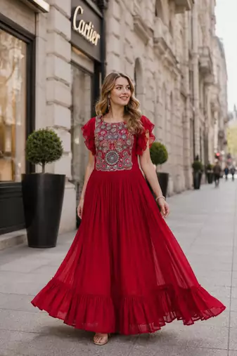 red georgette readymade gown with embroidery & beads work