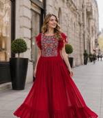 red georgette readymade gown with embroidery & beads work