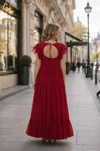 red georgette readymade gown with embroidery & beads work