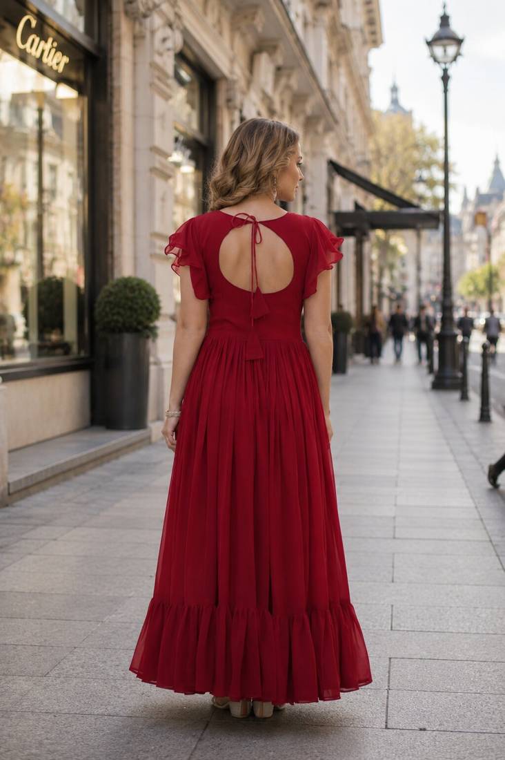 red georgette readymade gown with embroidery & beads work
