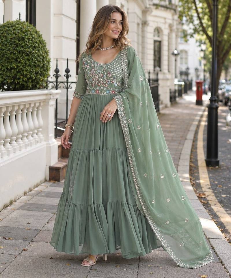 pista georgette readymade anarkali suit with embroidery & beads work