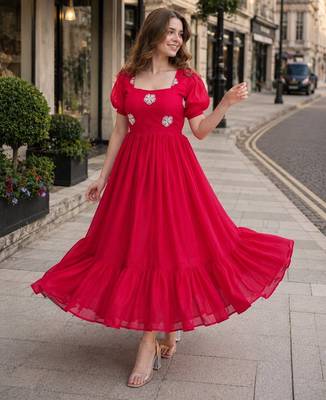 red silk blend   readymade gown with embroidery & beads work 1