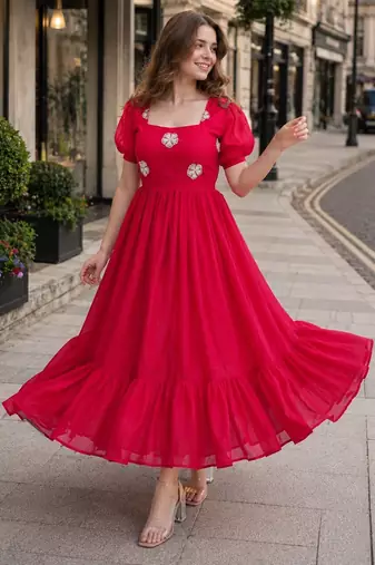red silk blend   readymade gown with embroidery & beads work