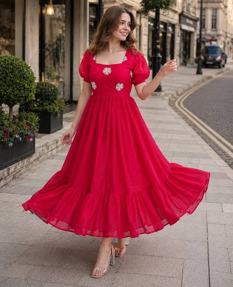 red silk blend   readymade gown with embroidery & beads work