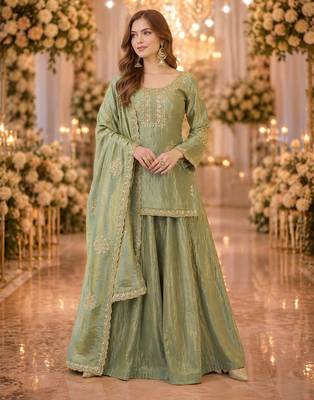 green silk blend   readymade suit with embroidery & zari work 1