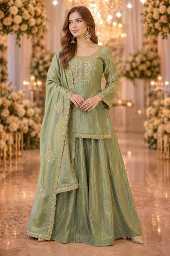 green silk blend   readymade suit with embroidery & zari work