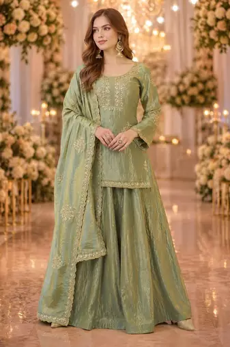 green silk blend   readymade suit with embroidery & zari work