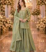 green silk blend   readymade suit with embroidery & zari work