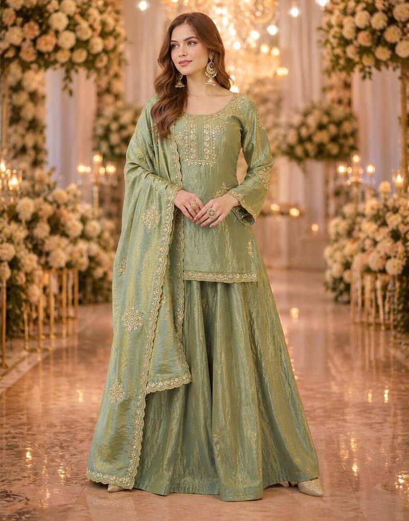 green silk blend   readymade suit with embroidery & zari work