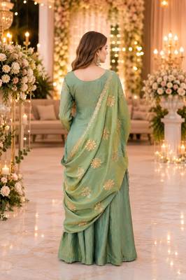 green silk blend   readymade suit with embroidery & zari work 2