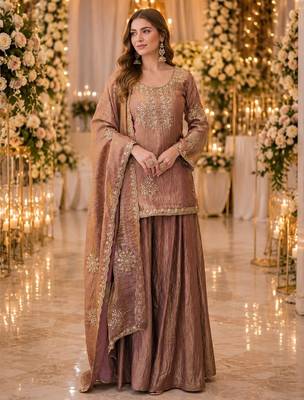 coffee silk blend   readymade suit with embroidery & zari work 1