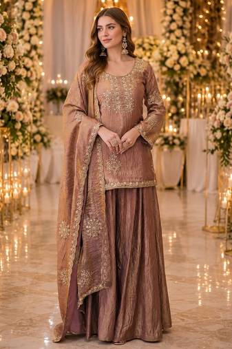 coffee silk blend   readymade suit with embroidery & zari work