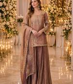 coffee silk blend   readymade suit with embroidery & zari work