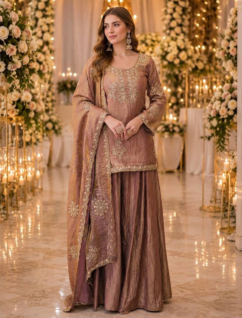 coffee silk blend   readymade suit with embroidery & zari work