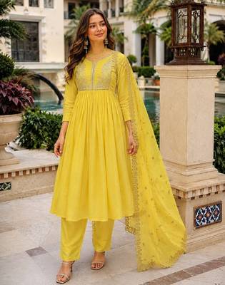 yellow chanderi readymade suit with embroidery & beads work 1