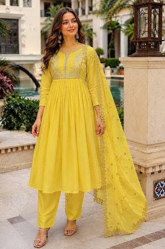 yellow chanderi readymade suit with embroidery & beads work