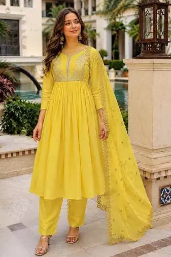 yellow chanderi readymade suit with embroidery & beads work