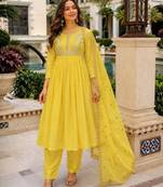 yellow chanderi readymade suit with embroidery & beads work