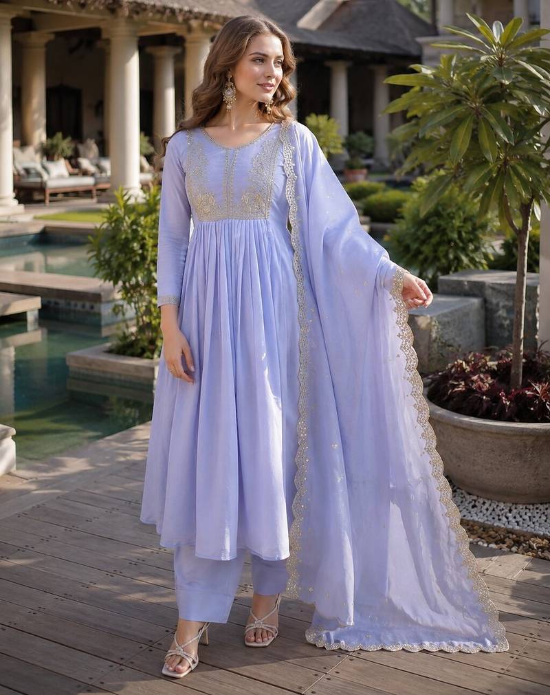 sky blue chanderi readymade suit with embroidery & beads work