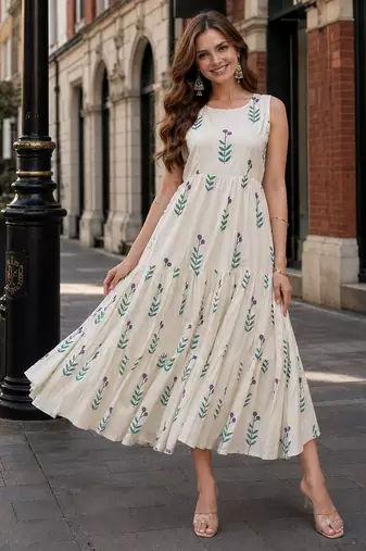 white cotton readymade kurti with floral printed work
