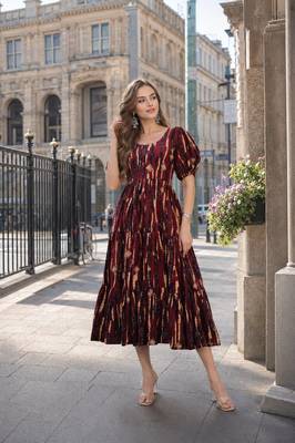 brown cotton readymade kurti with floral printed work 1