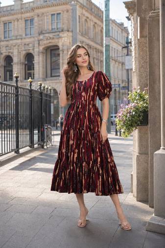brown cotton readymade kurti with floral printed work