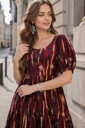 brown cotton readymade kurti with floral printed work