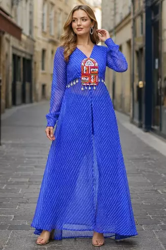 blue georgette readymade navratri top with leheriya & kutchi patchwork