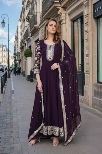 wine georgette readymade anarkali suit with embroidery & sequence work
