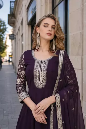 wine georgette readymade anarkali suit with embroidery & sequence work