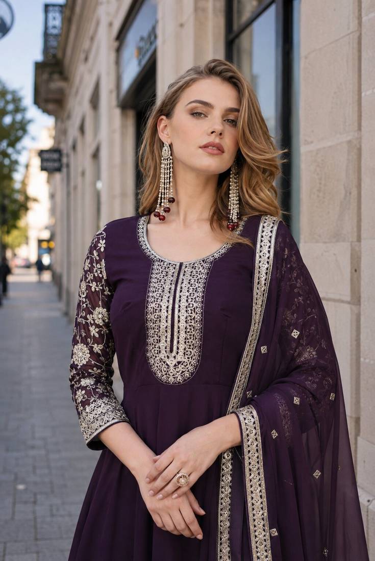 wine georgette readymade anarkali suit with embroidery & sequence work