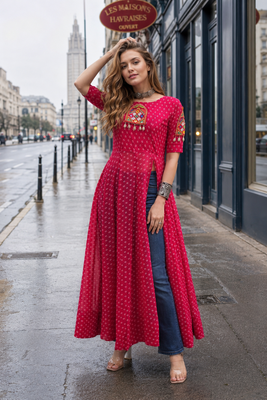 red georgette free size stitched navratri anarkali with bandhani & kutchi patchework 1
