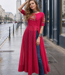red georgette free size stitched navratri anarkali with bandhani & kutchi patchework