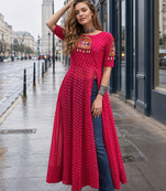 red georgette free size stitched navratri anarkali with bandhani & kutchi patchework