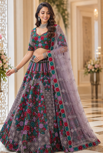 multicolor color Hand Mirror work Chain Embroidered Floral Patten Net Lehenga Choli set